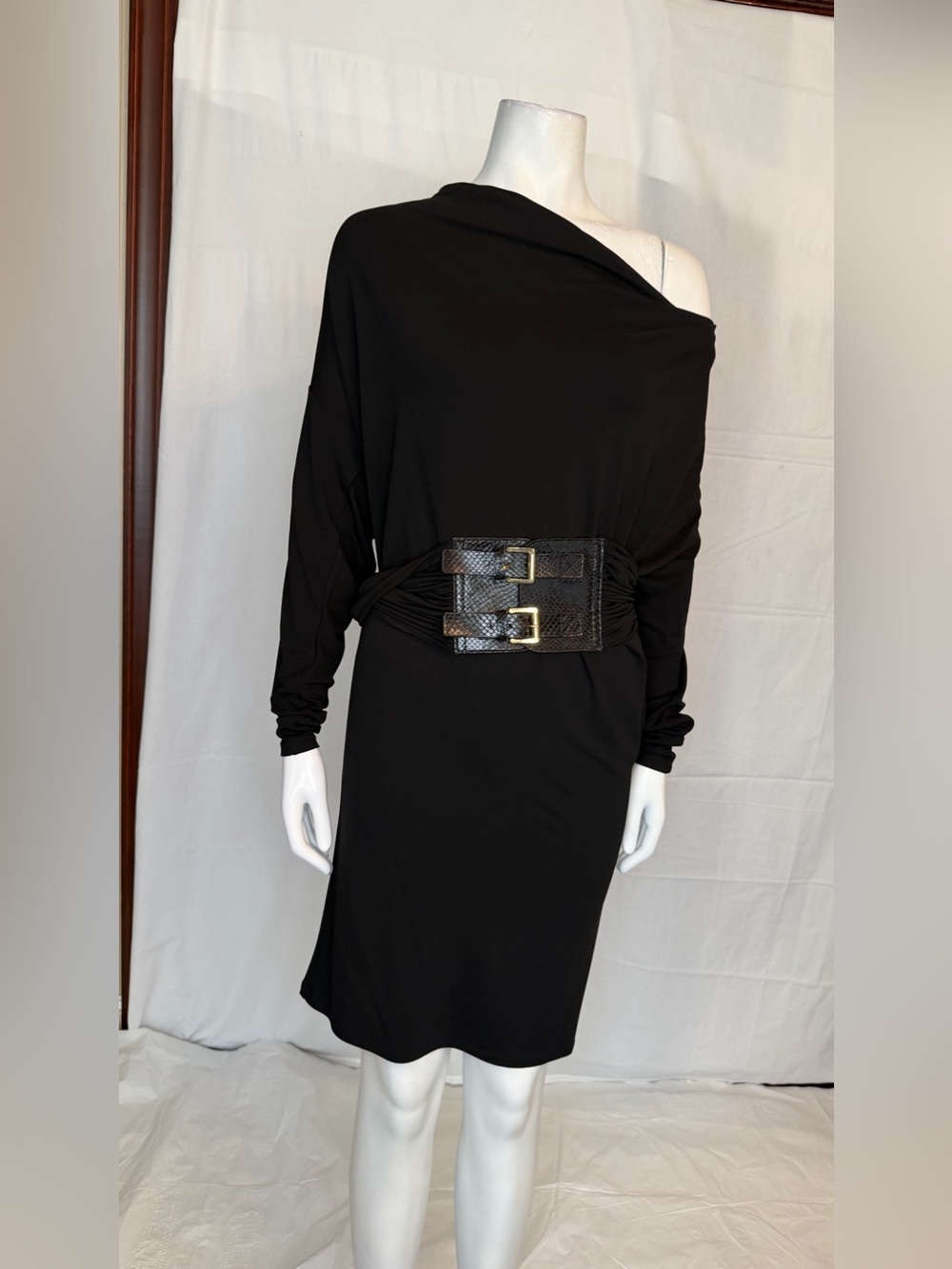 Vintage Michael Kors Black One-Shoulder Draped Dress with Wide Buckle Belt